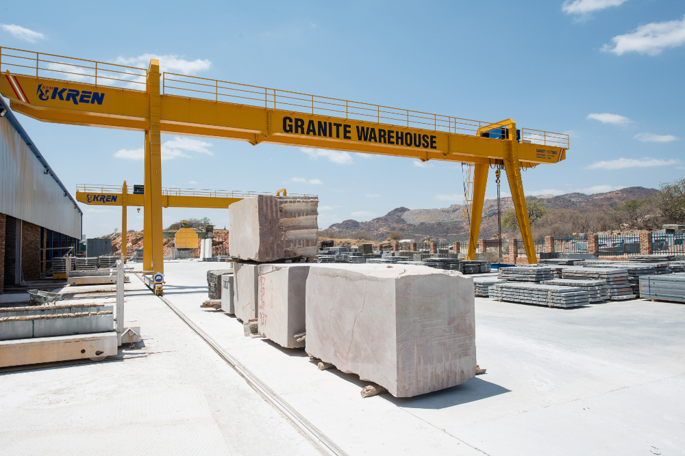 Stacked granite blocks at The Granite Warehouse factory